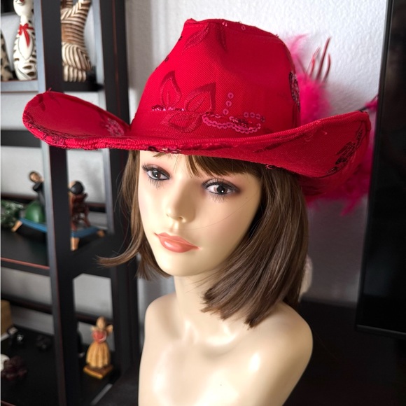 Red Sequined Rose Embroidered Cowboy Hat - Picture 2 of 11